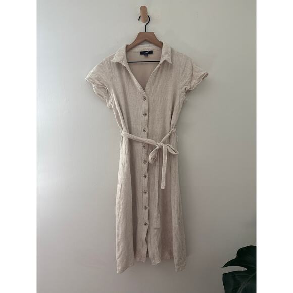 Lulus Italian Summer Linen Midi Dress Womens Medium Beige Button Front Tie Waist - Picture 4 of 13